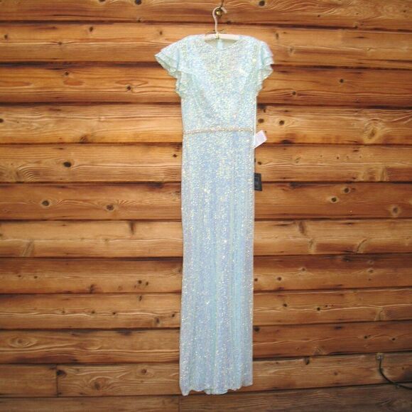 Mac Duggal 26942  Womens SEQUINED HIGH NECK FLUTTER SLEEVE GOWN Dress Blue - Picture 6 of 16